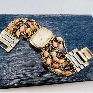 Beaded band watch bracelet gold orange chain unique dead battery